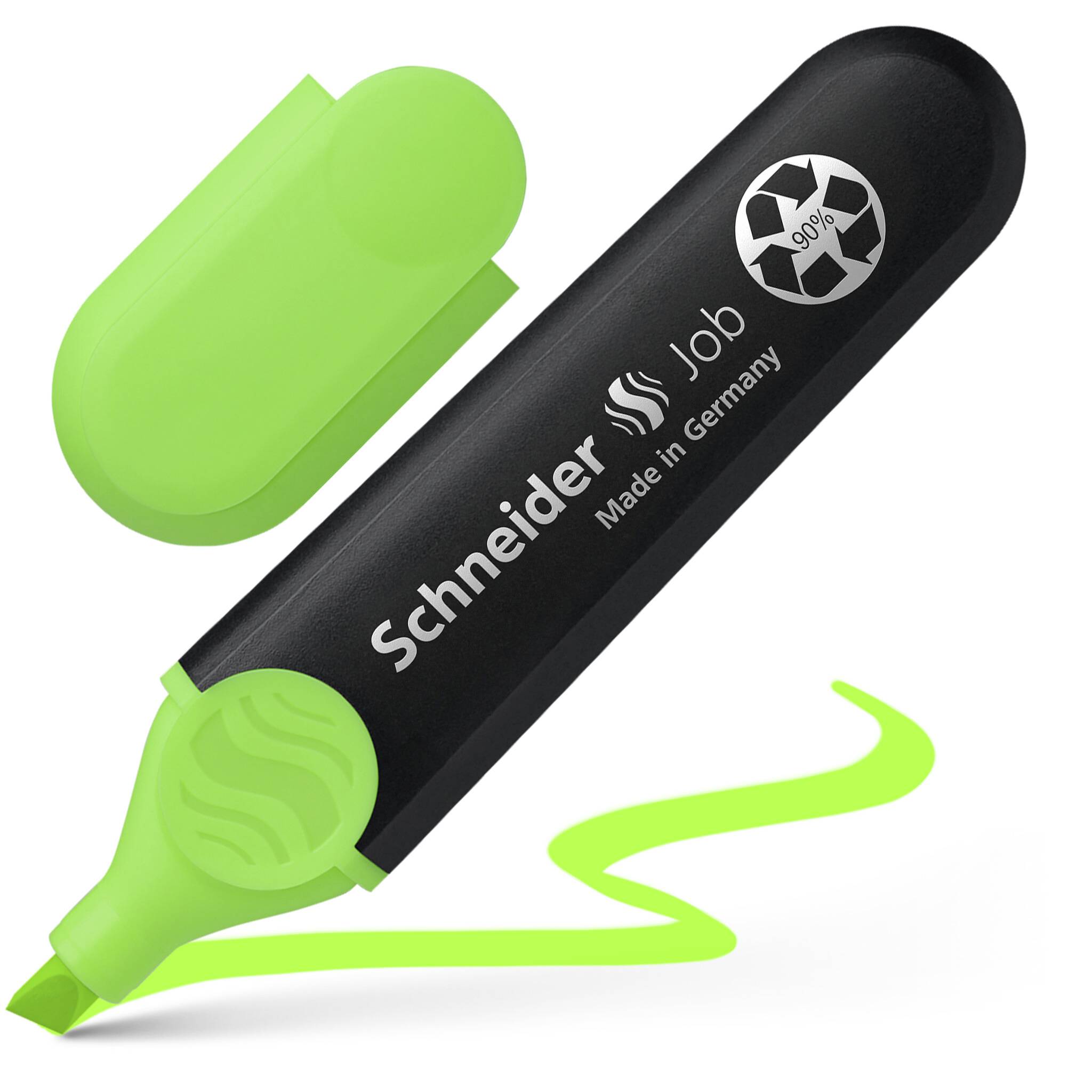 Grüner Textmarker mit abgenommener Kappe, daneben eine geschwungene, grüne Linie. Auf dem Marker steht 'Schneider Job Made in Germany'.