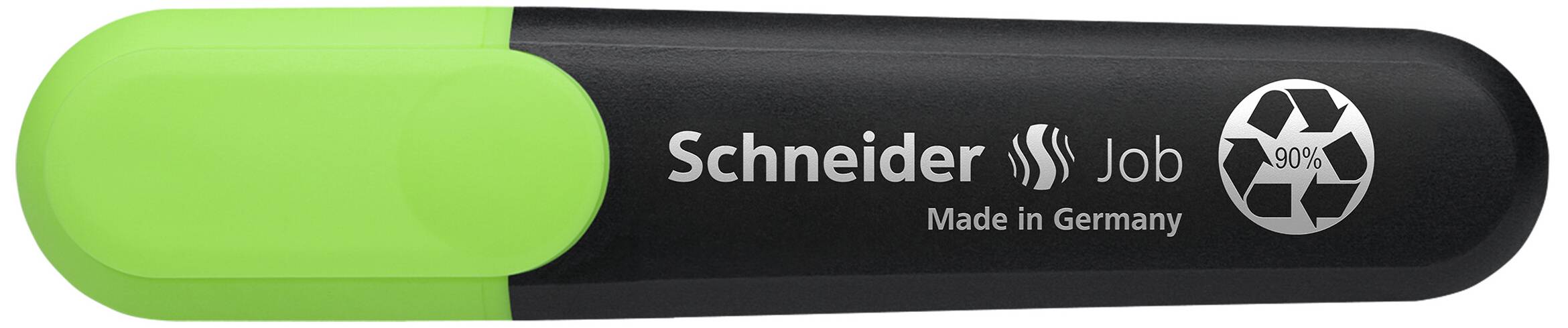 Grüner Textmarker von Schneider mit Recycling-Symbol und Aufschrift 'Made in Germany'.