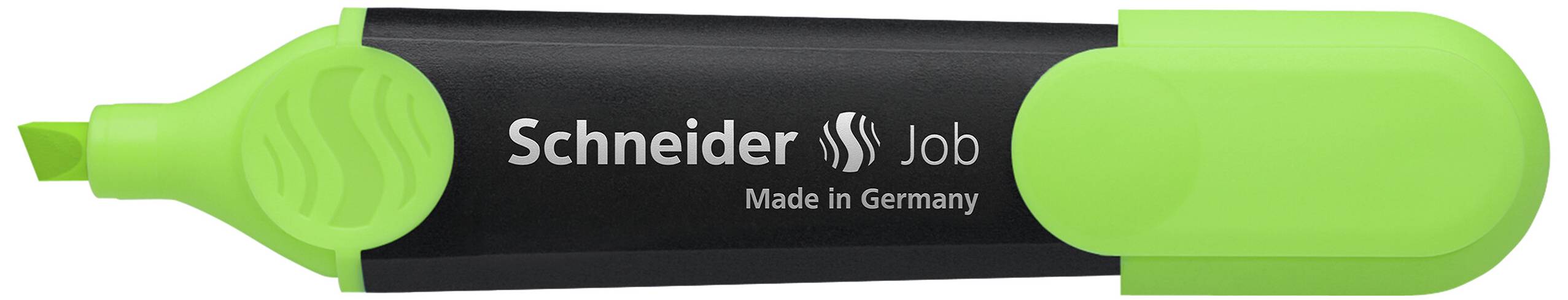 Grüner Textmarker der Marke Schneider mit der Aufschrift 'Job Made in Germany' auf schwarzem Hintergrund.