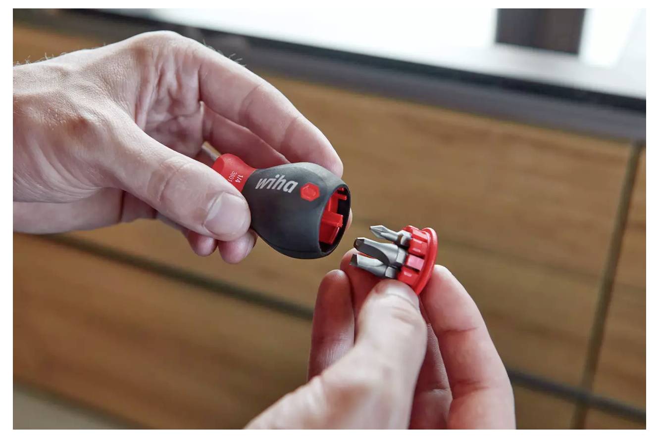 Eine Person hält ein kleines, austauschbares Schraubendreherset, das den abnehmbaren Griff und mehrere Bits für vielseitige Verwendung zeigt.