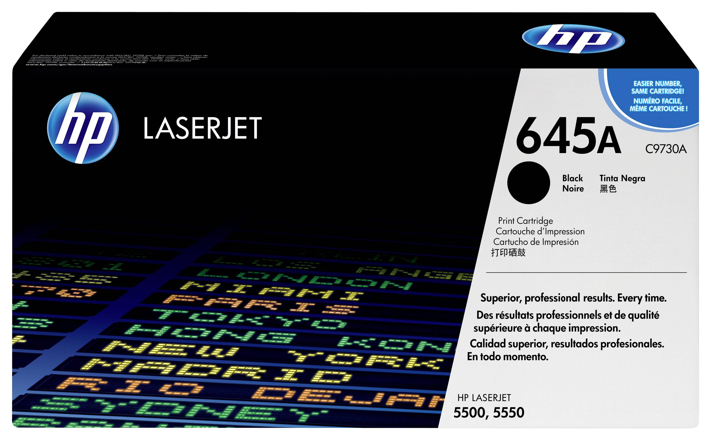 HP LaserJet 645A schwarze Tonerpatrone, Verpackung mit Bezeichnung C9730A, für HP LaserJet 5000 und 5500 Drucker.