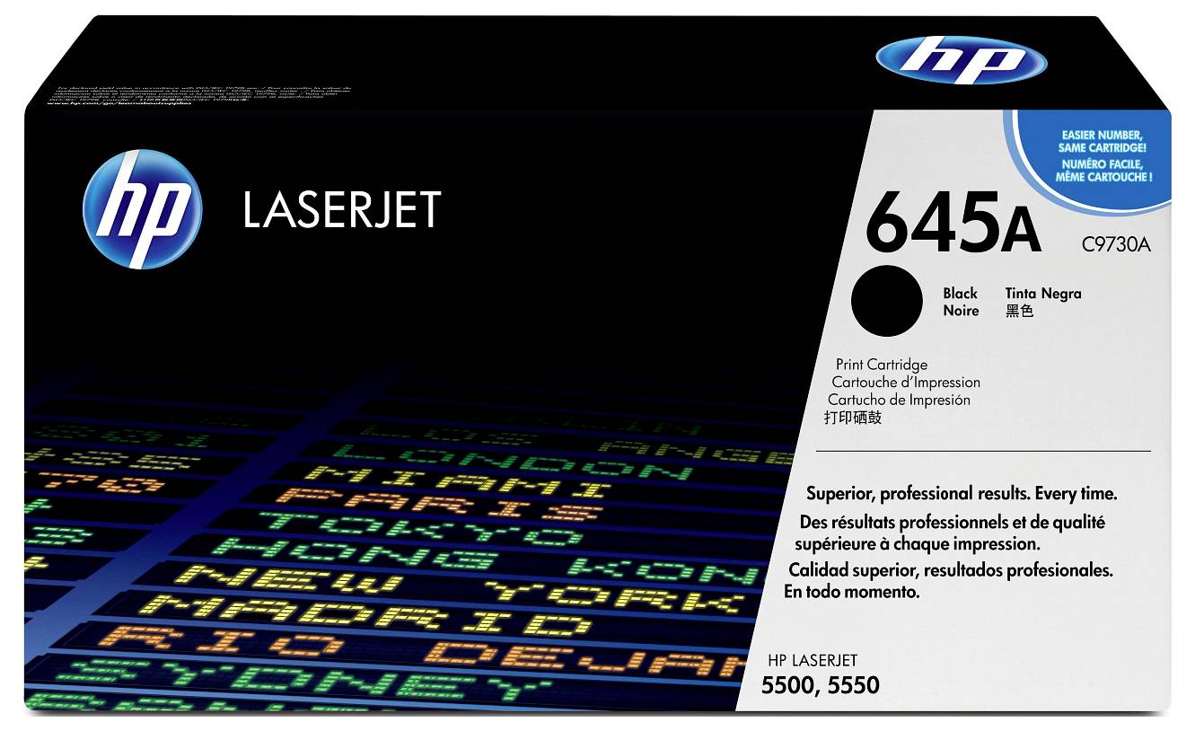 HP LaserJet 645A schwarze Druckpatrone, Verpackung mit HP-Logo, Patronennummer C9730A und Kompatibilität mit LaserJet 5500 und 5550 Druckern.