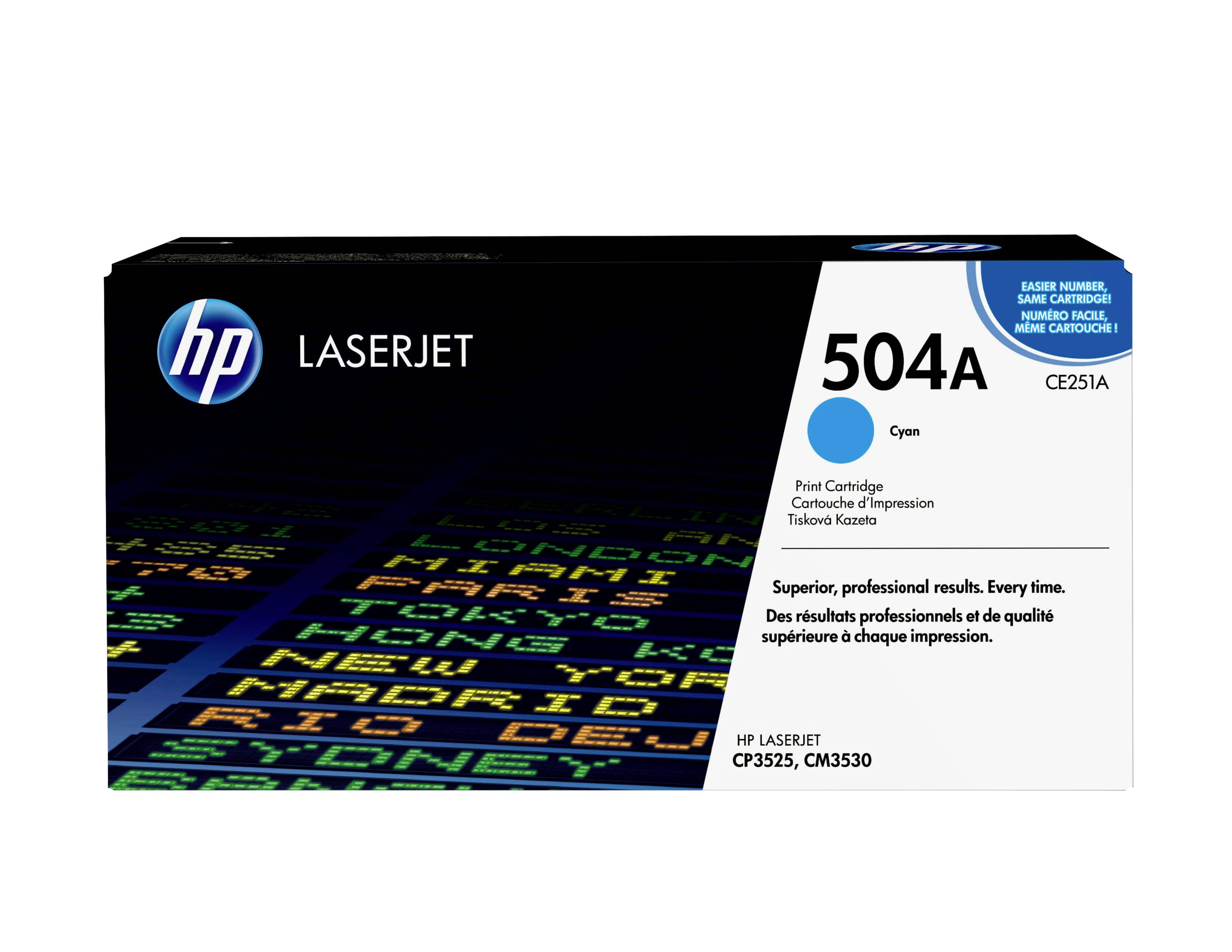 HP LaserJet 504A Cyan-Tonerkartusche, Verpackung mit der Bezeichnung CE251A, für HP Color LaserJet CP3525 und CM3530 Drucker.