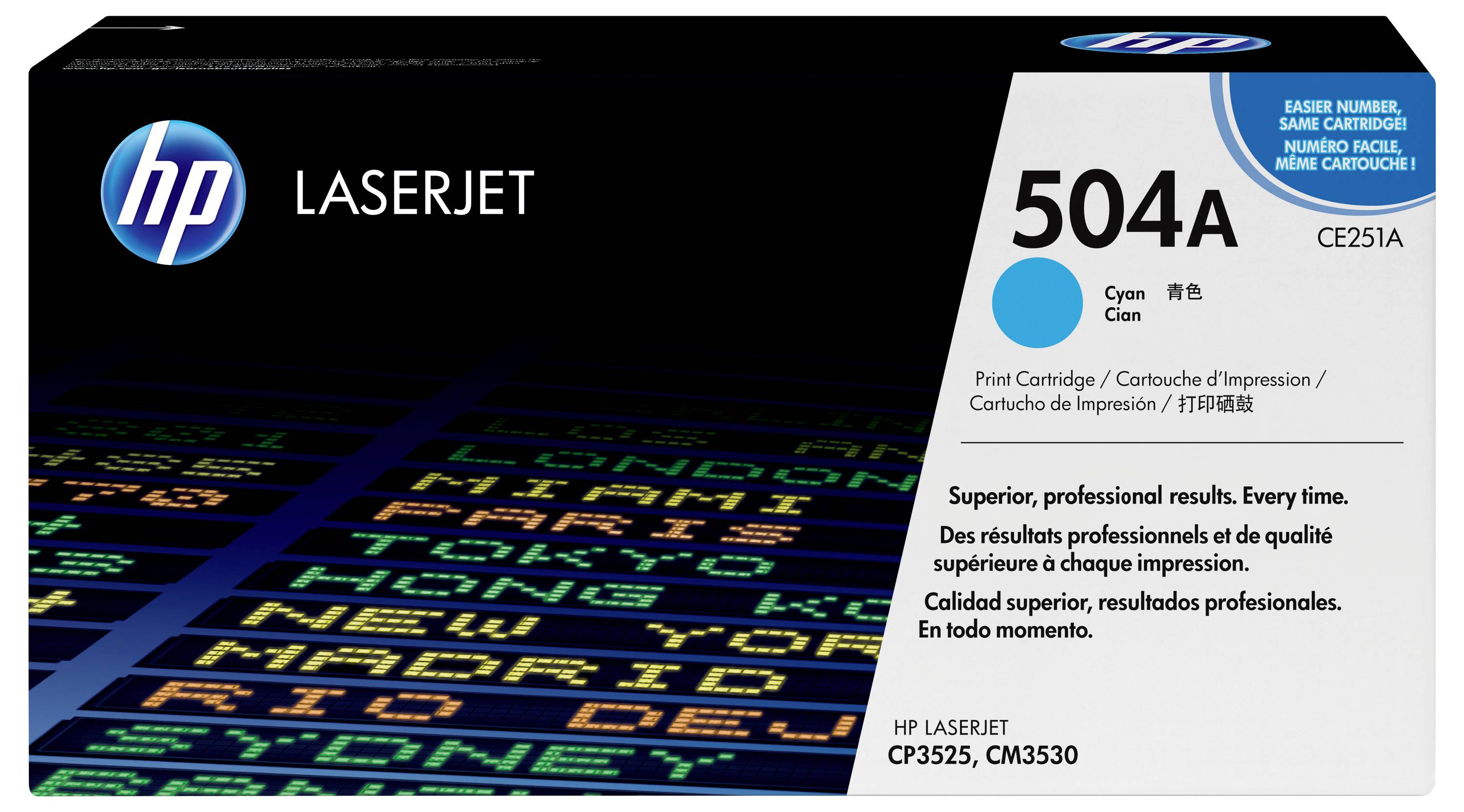 HP LaserJet 504A Druckpatrone in Cyan für HP Color LaserJet Drucker, gekennzeichnet mit „504A" und „CE251A".