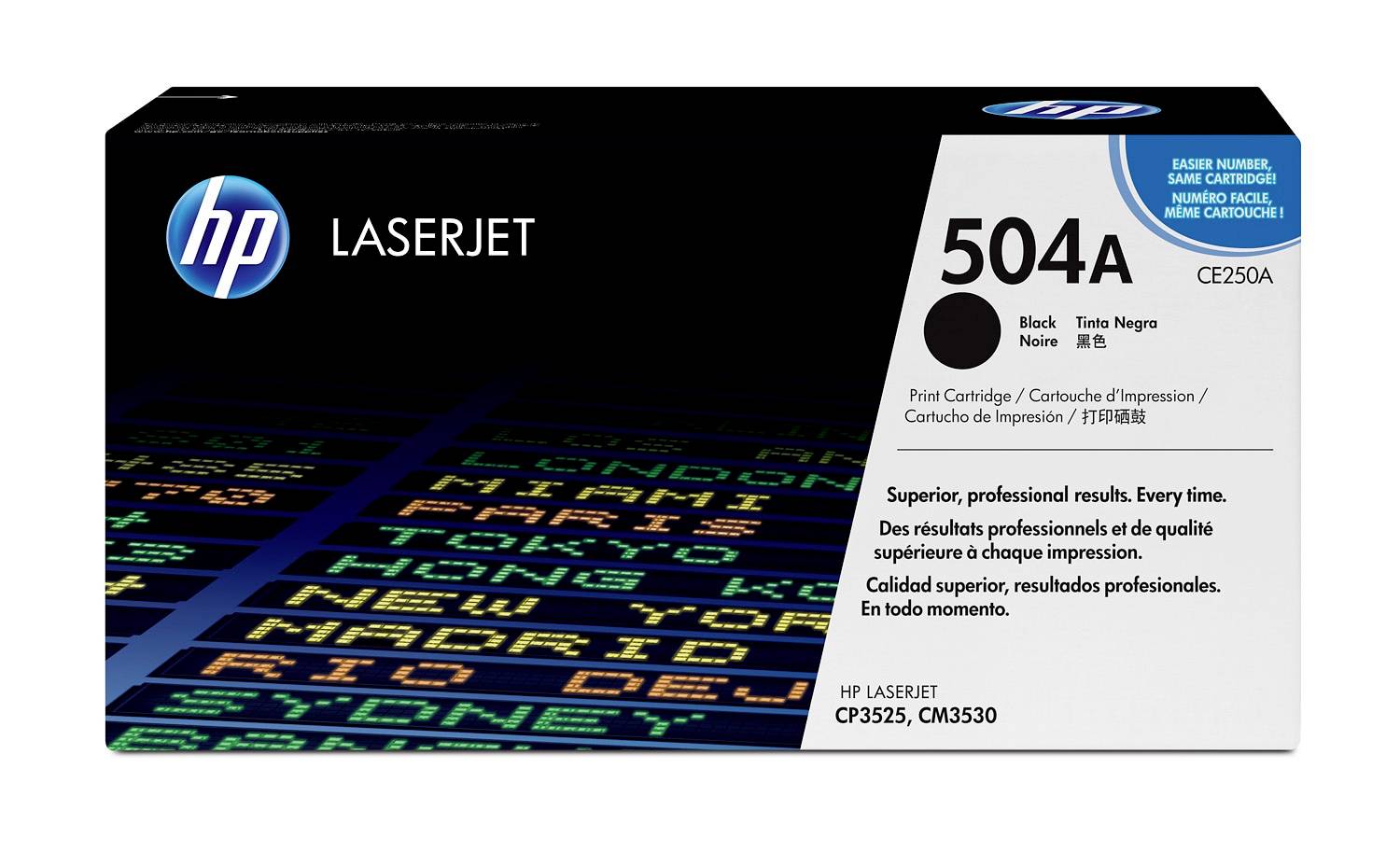 HP LaserJet Tonerpatrone, Modell 504A/CE250A, schwarz, gezeigt für Drucker CM3530 und CP3525.