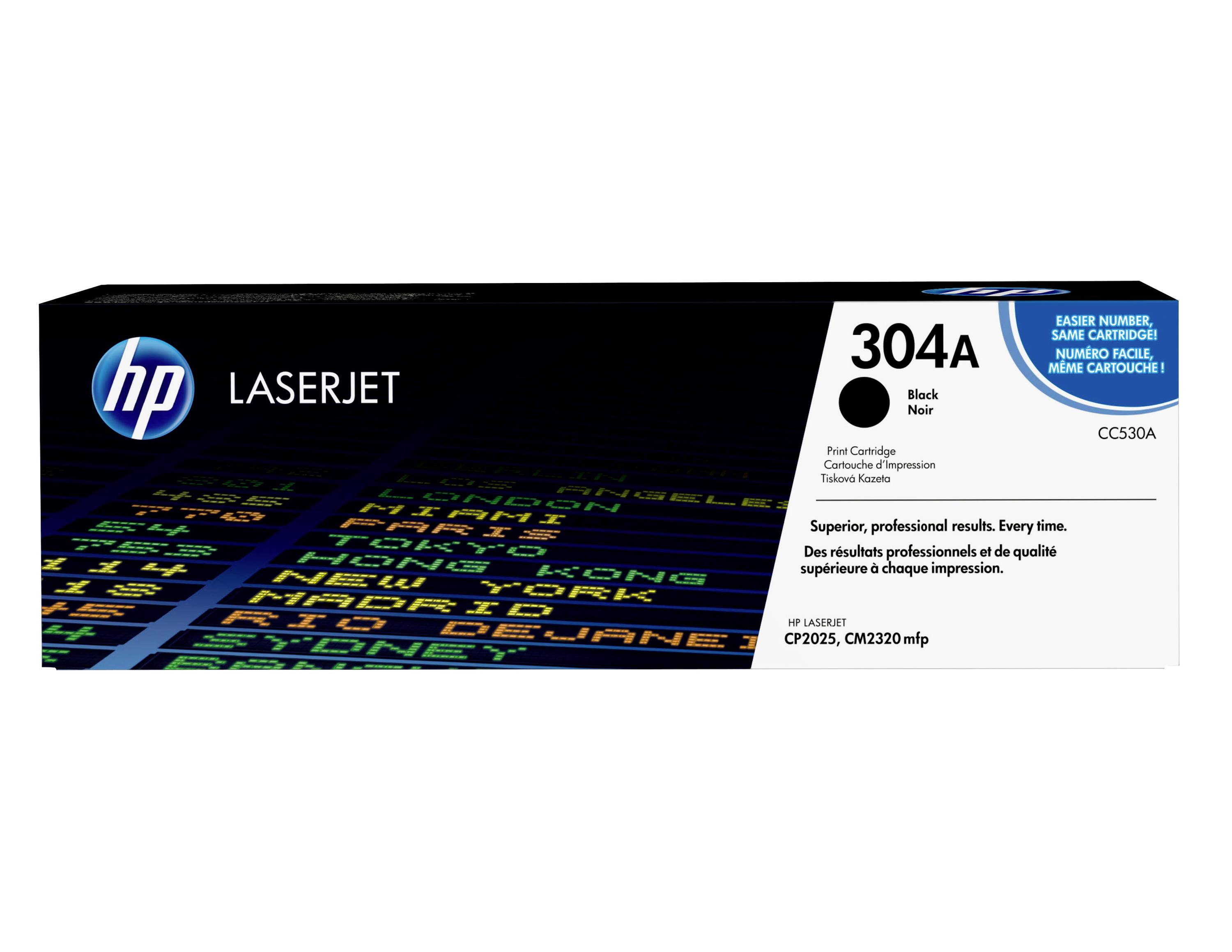 HP LaserJet 304A Schwarztonerpatrone, Verpackung mit Kennzeichnung für kompatible HP LaserJet CP2025 und CM2320 Drucker.