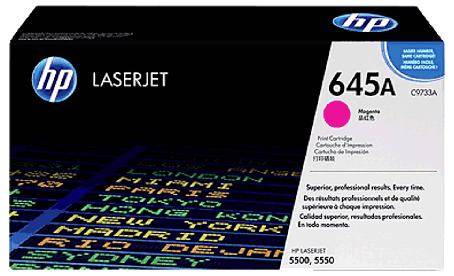 HP LaserJet 645A Magenta-Druckpatrone, zusammen mit der Verpackung für HP LaserJet 5500/5550-Drucker abgebildet.