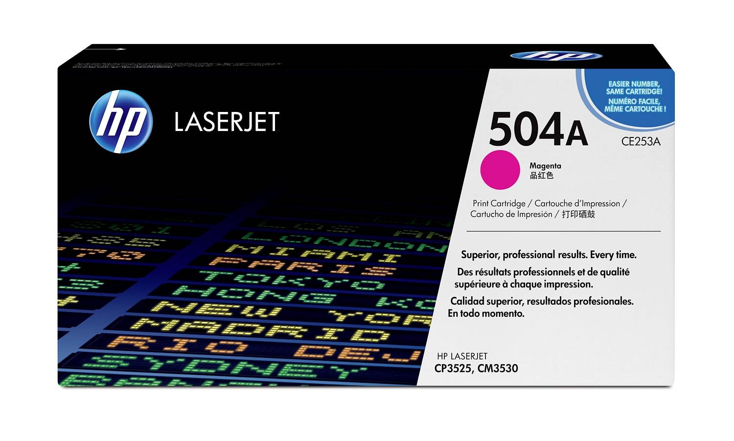 HP LaserJet 504A Magenta-Tonerpatronenschachtel für HP Color LaserJet Drucker, Modell CE253A.