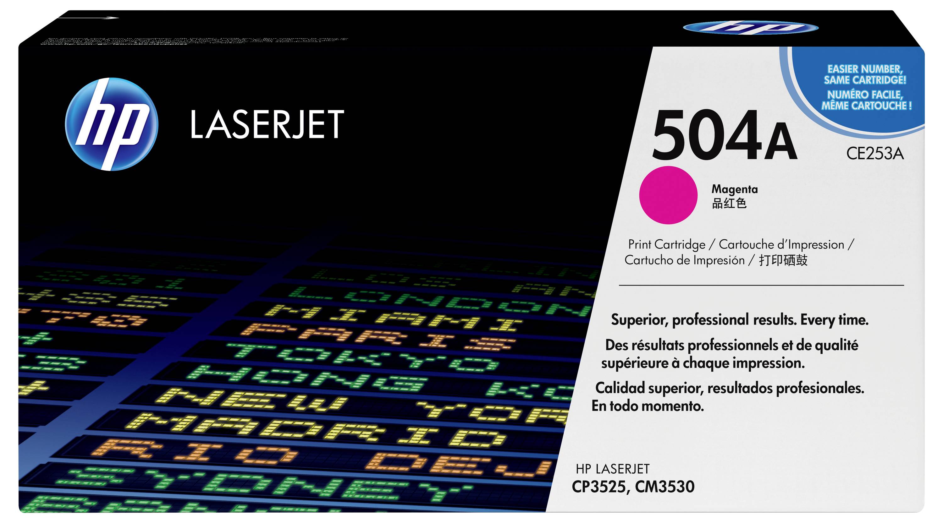 HP LaserJet 504A Magenta-Tonerkartusche, Verpackung mit der Bezeichnung CE253A, für HP LaserJet CP3525 und CM3530 Drucker.