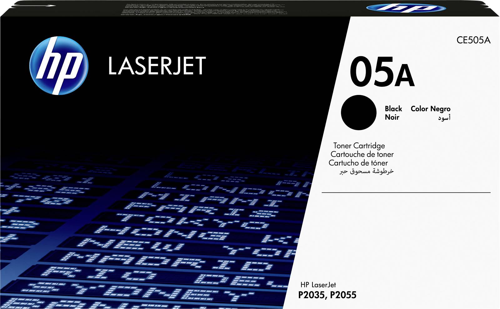 HP LaserJet 05A schwarze Tonerpatrone, Verpackung mit der Bezeichnung CE505A für HP LaserJet P2035 und P2055 Drucker.