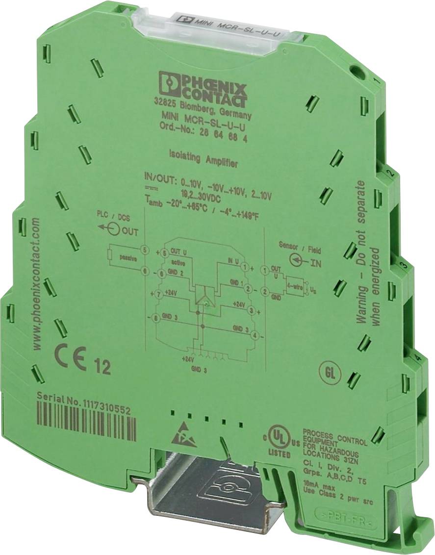 Ein grüner Phoenix Contact-Trennverstärker mit der Modellnummer MINI MCR-SL-U-I. Er verfügt über eingravierte Spezifikationen und Anschlussdiagramm.