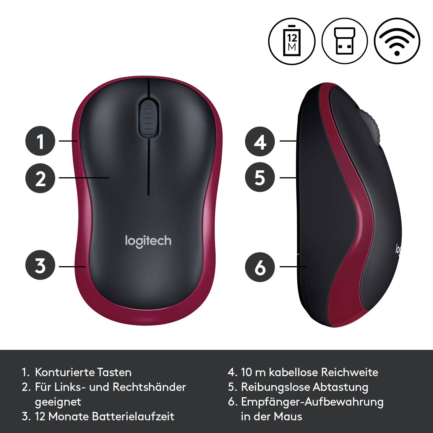 Logitech M185 Maus Funk Optisch Rot 3 Tasten 1000 dpi