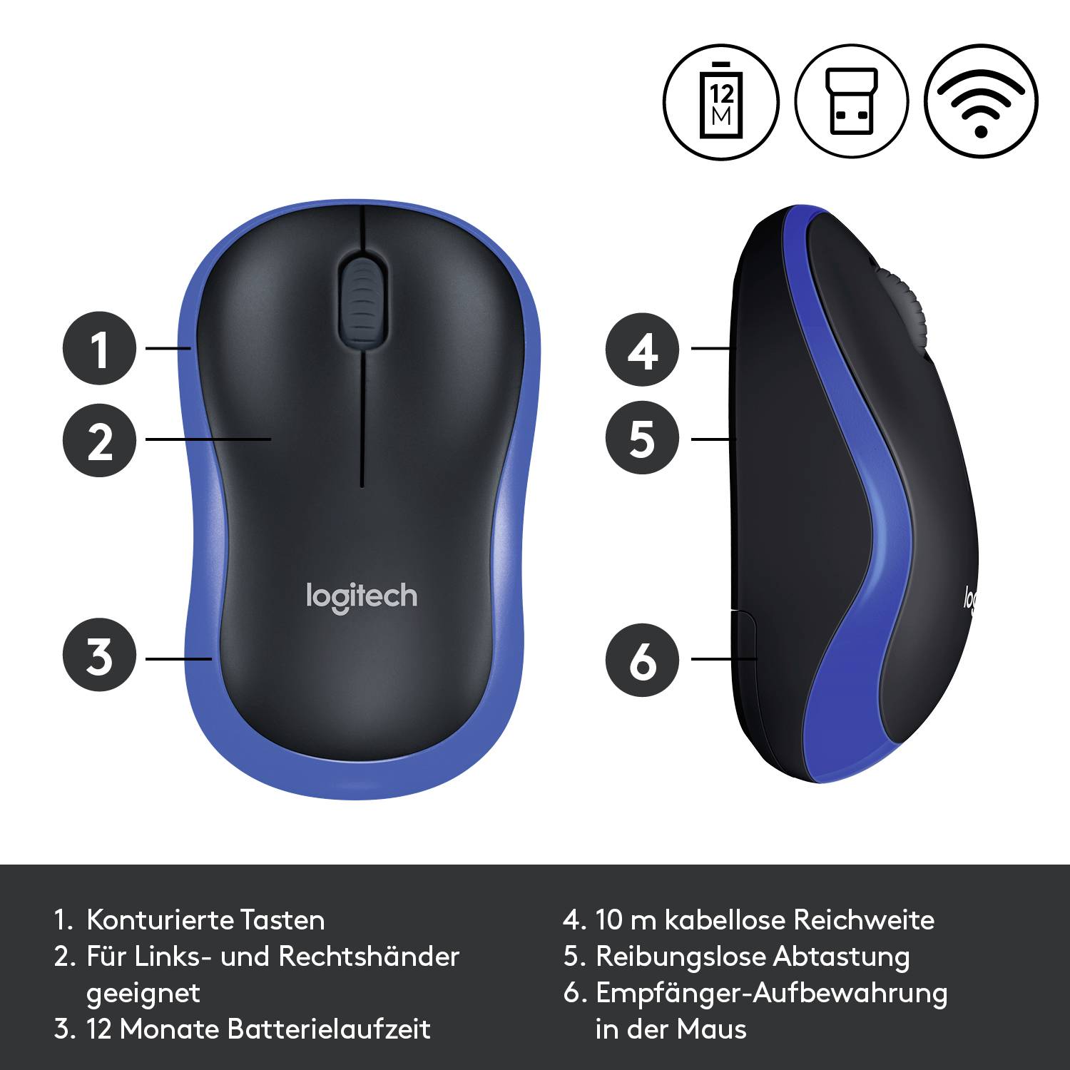 Logitech M185 Maus Funk Optisch Blau 3 Tasten 1000 dpi