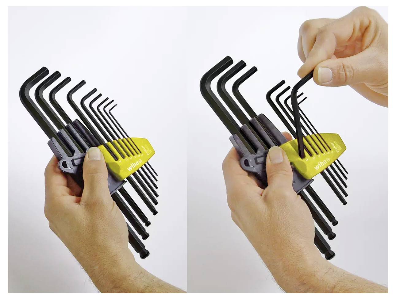 Hände halten einen Satz schwarzer Innensechskantschlüssel in einem gelben Halter, wobei ein Schlüssel gerade herausgezogen wird.