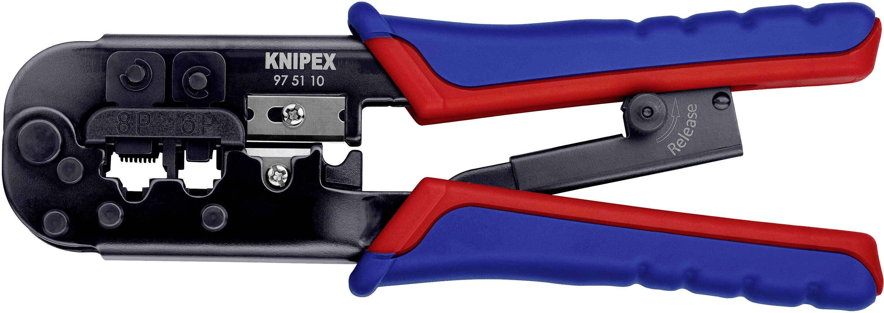 Ein Crimpwerkzeug mit rotem und blauem Griff, geeignet zum Abisolieren und Crimpen von Kabeln. Aufschrift 'Knipex 97 51 10'.