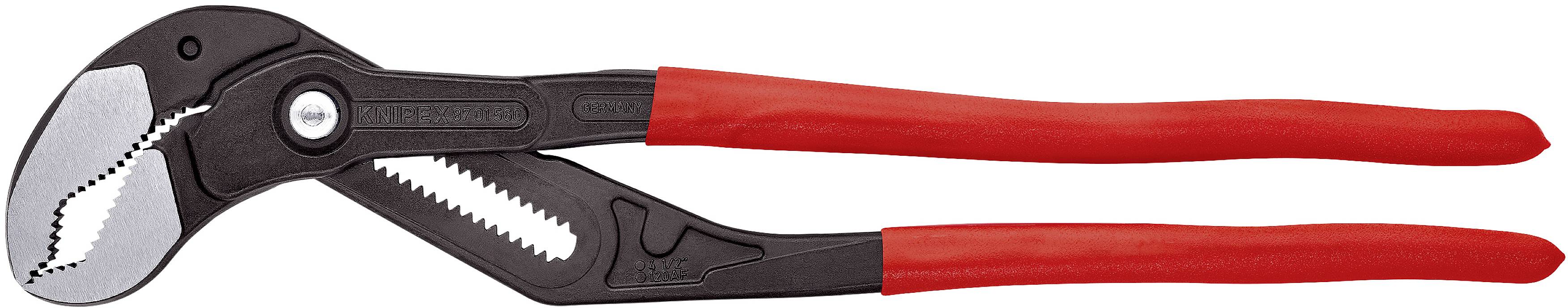 Eine rote Wasserpumpenzange mit gezackten Greifbacken und schwarzen Metallteilen, geeignet zum Festziehen oder Lösen von Rohren und Schrauben.