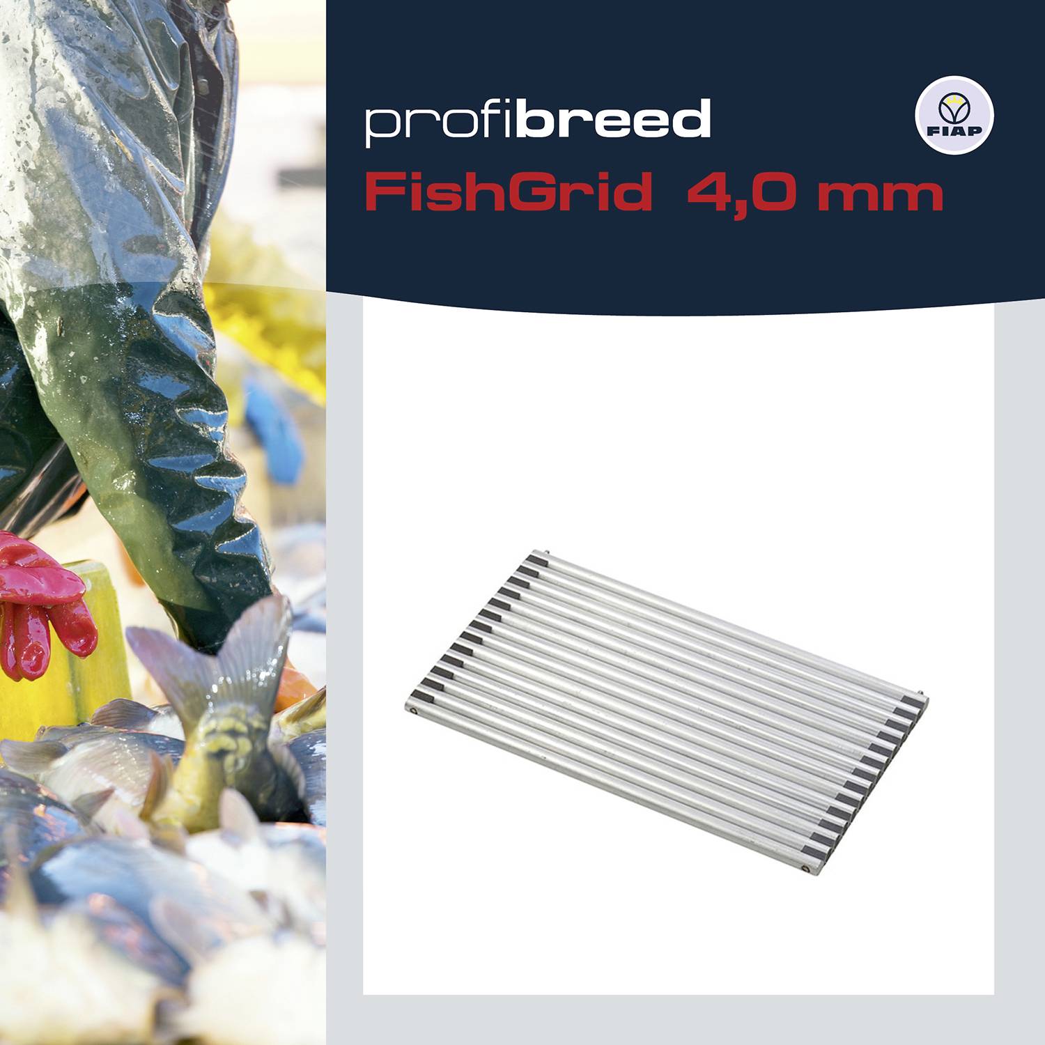 Eine Person in Fischerbekleidung hält Fische. Rechts ein Fischgitter mit der Aufschrift 'profibreed FishGrid 4,0 mm'.