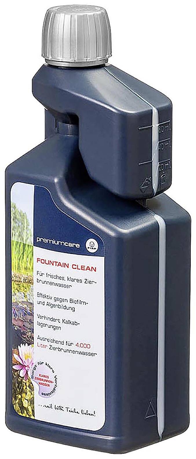 Dunkle Plastikflasche mit Verschluss, etikettiert mit Produktinformationen. Enthält Reinigungsmittel für Brunnenwasser bis zu 4000 Liter.