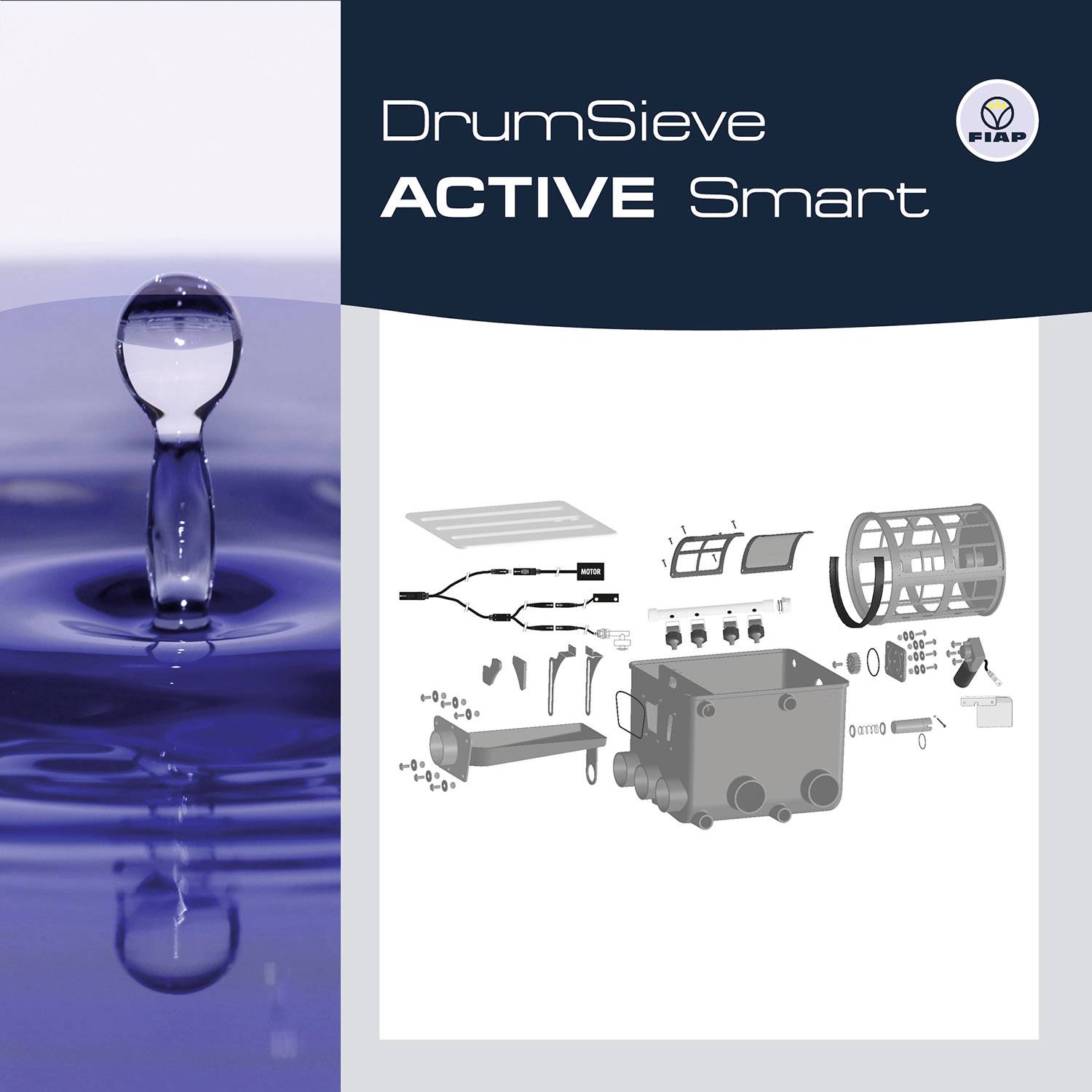 'Tropfen fällt ins Wasser' links, 'DrumSieve ACTIVE Smart' mit Explosionszeichnung rechts. FIAP-Logo oben rechts.