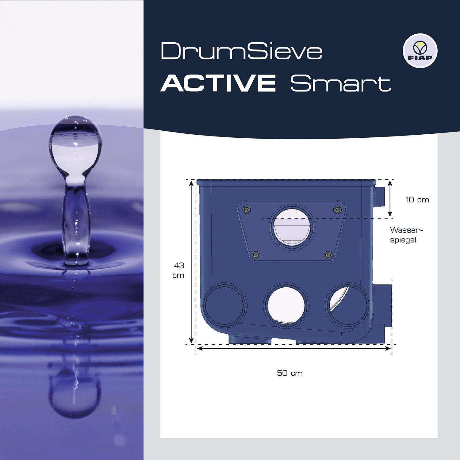 'DrumSieve ACTIVE Smart'. Darstellung eines Wasserspritzers links und einer technischen Zeichnung eines Filters rechts mit Maßen.