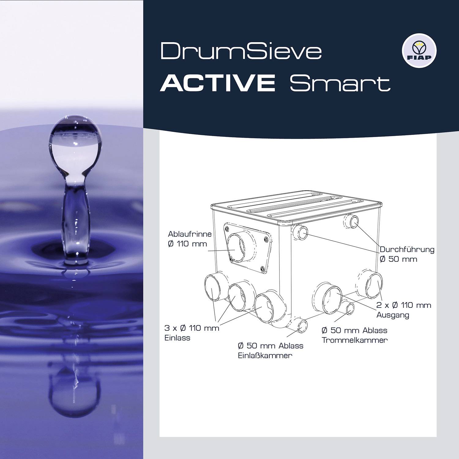 'DrumSieve ACTIVE Smart' Diagramm mit technischen Details: drei 110 mm Einlässe, 50 mm Ablass, 110 mm Austritt, Durchführungen.