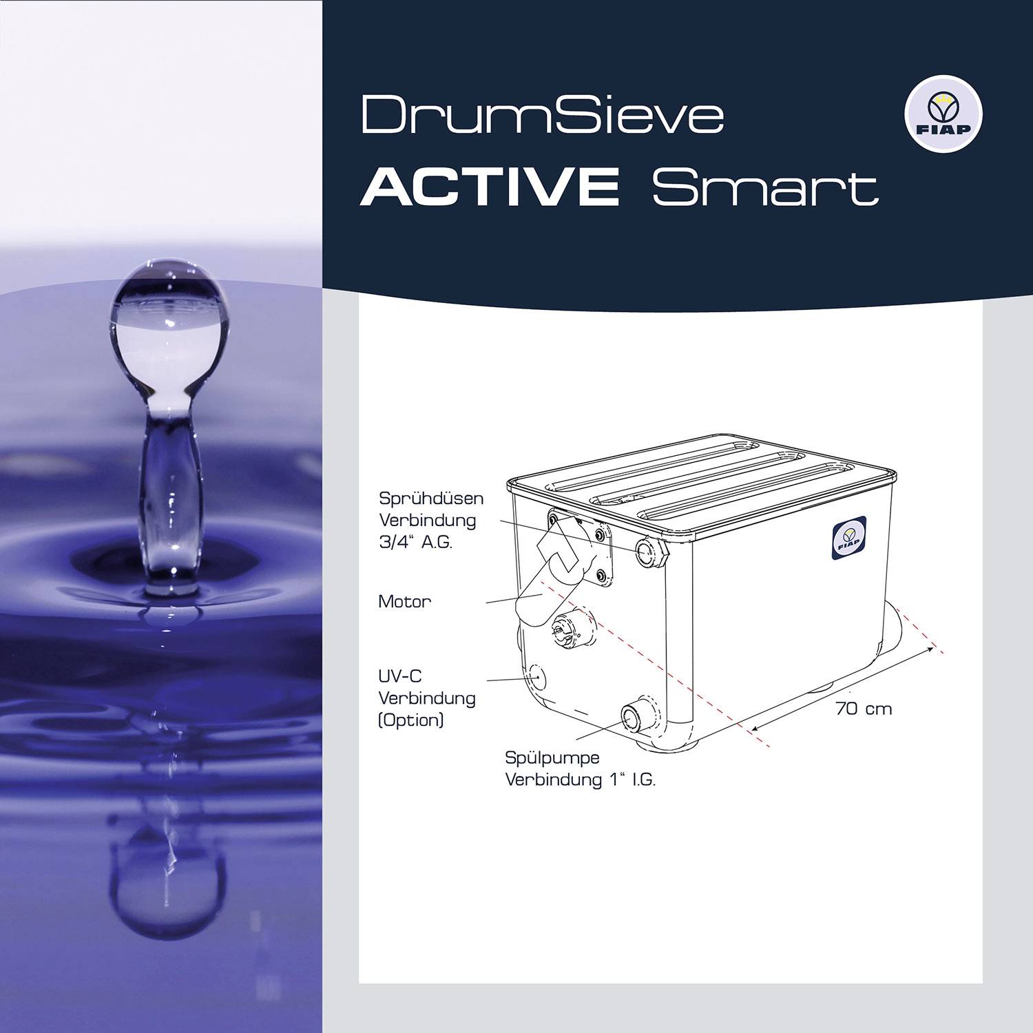 Tropfen Wasser auf blauer Oberfläche. Rechts: Technische Zeichnung eines Filters mit Maßen. Text: DrumSieve ACTIVE Smart, FIAP Logo.