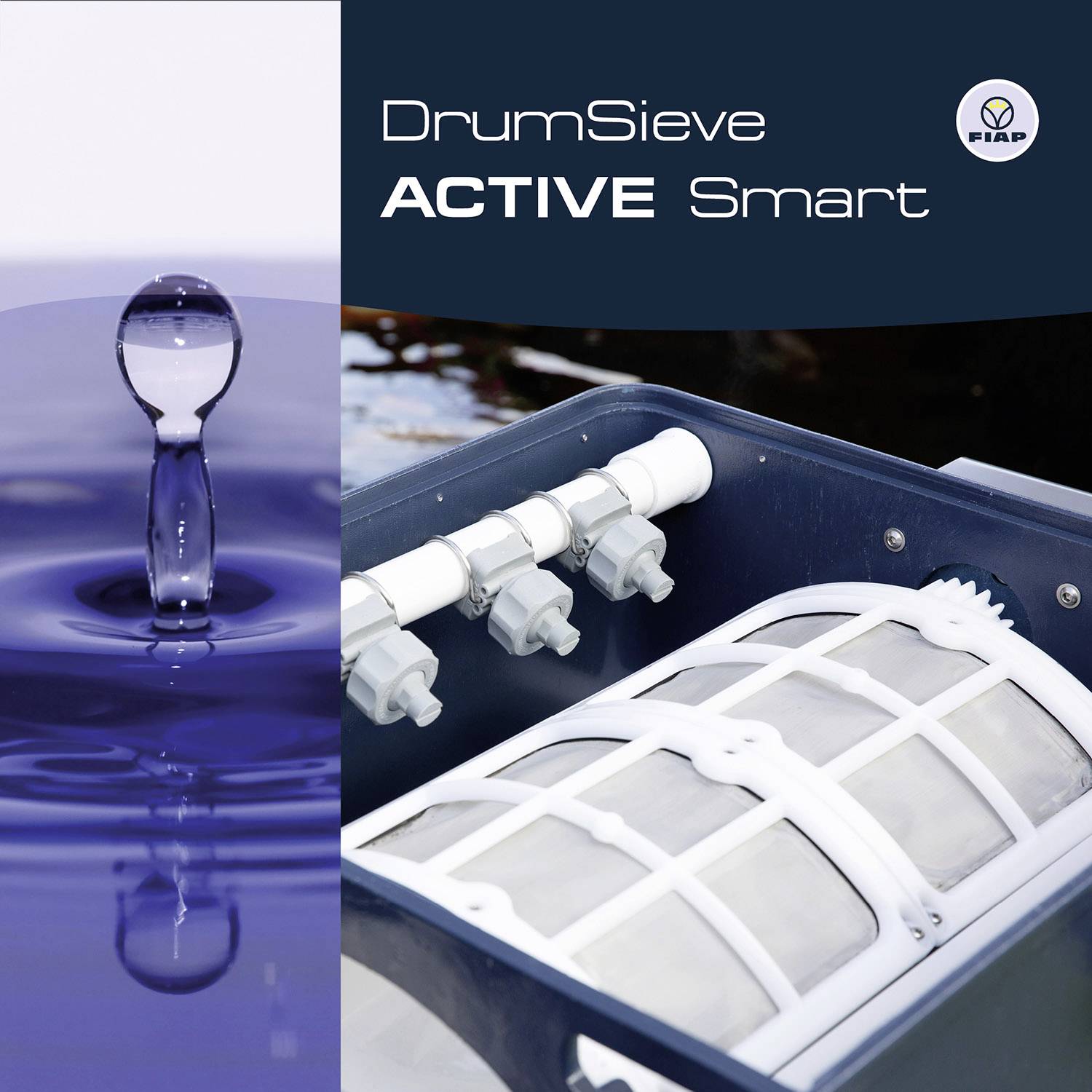 Nahaufnahme eines Wassertropfens mit Text 'DrumSieve ACTIVE Smart'. Rechts ist eine technische Vorrichtung zur Wasserreinigung abgebildet.