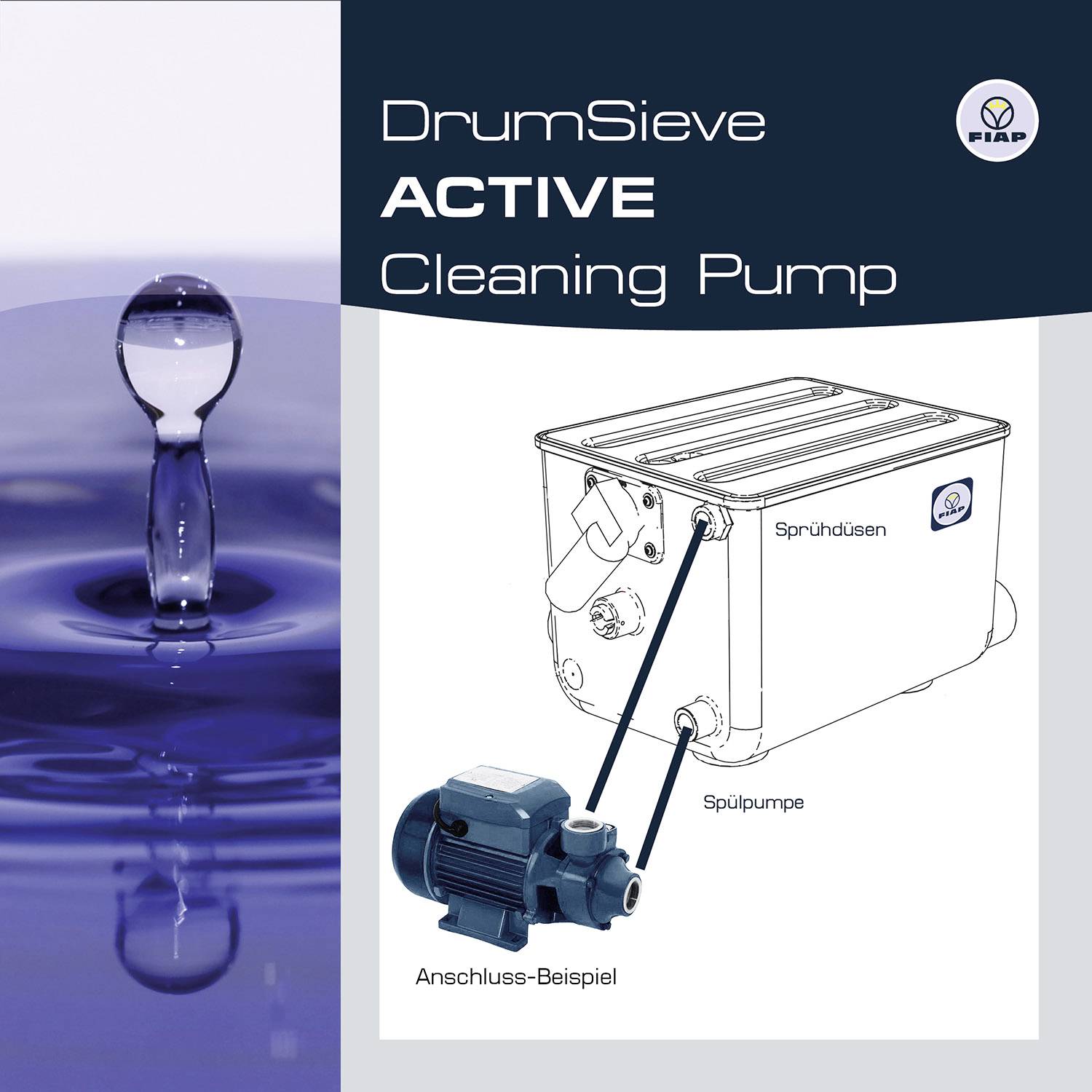 'DrumSieve ACTIVE Cleaning Pump' Broschüre: Links Wasser, rechts Diagramm mit Sprühnüsen, Spülpumpe und Pumpen-Anschlussbeispiel.