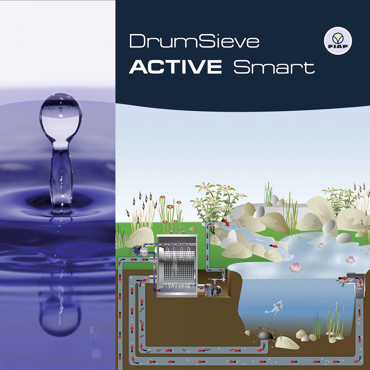 'DrumSieve ACTIVE Smart von Fiap' mit Technikdiagramm zur Teichfiltration, zeigt Wassertröpfchen, Pflanzen und Fische im Teich.