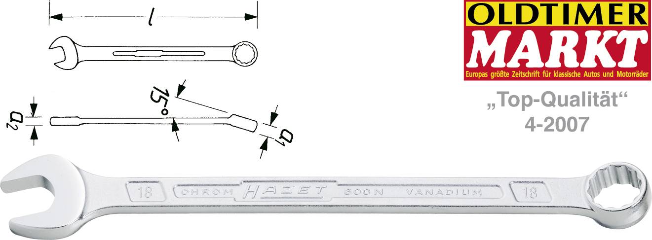 Diagramm und Foto eines Doppelendschlüssels, der sein abgewinkeltes offenes Ende und sein Ringende-Design zeigt; das Logo „OLDTIMER MARKT