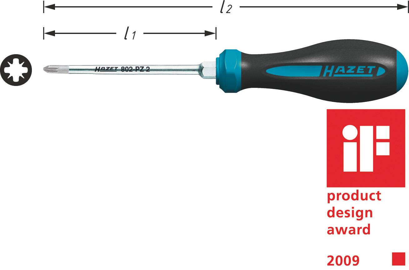 Hazet-Schraubendreher mit Phillips-Spitze und gekennzeichneten Längen l1 und l2, zusammen mit einem „iF product design award 2009