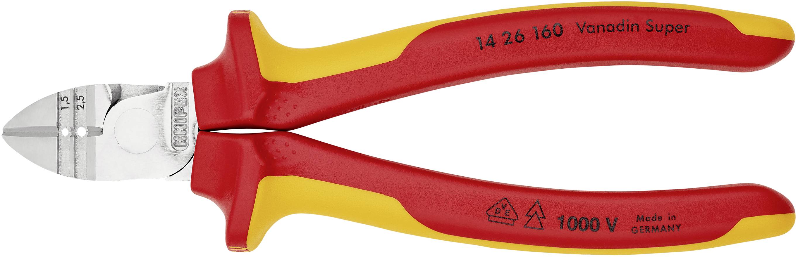Seitenschneider mit roten und gelben Griffen, geeignet für Arbeiten bis 1000V. Markiert mit '14 26 160 Vanadin Super' und 'Made in Germany'.