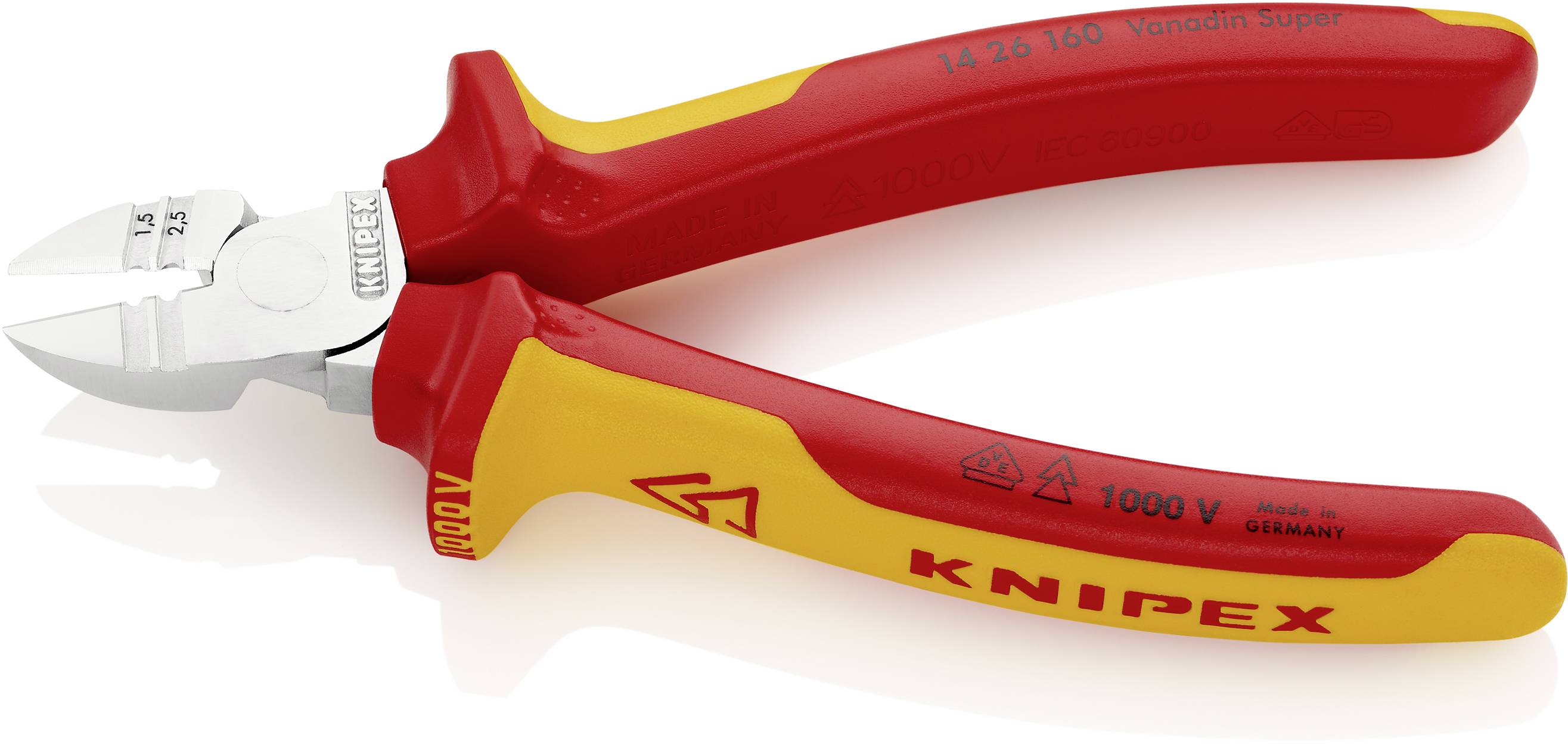 Seitenschneider mit rotem und gelbem Griff, markiert mit 'KNIPEX' und '1000V', geeignet für Arbeiten an spannungsführenden Teilen.