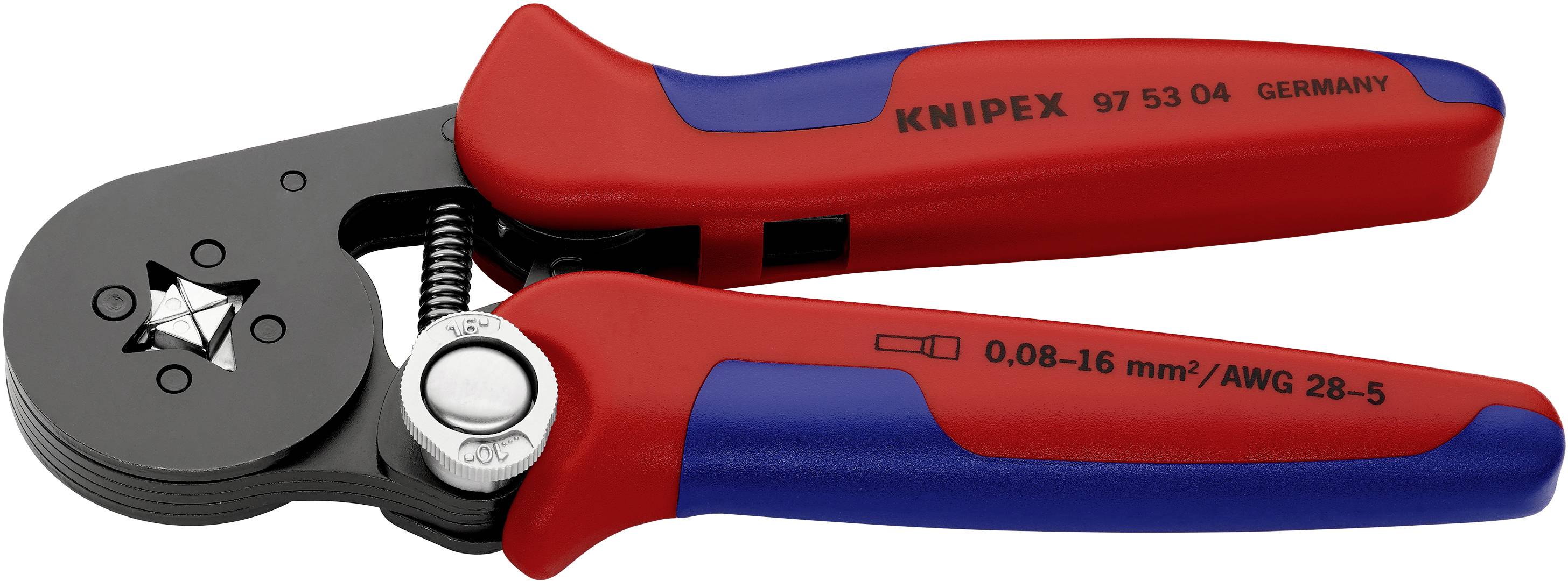 Zange mit roten und blauen Griffen, geeignet für Kabeldurchmesser 0,08-16 mm/AWG 28-5, Marke KNIPEX.