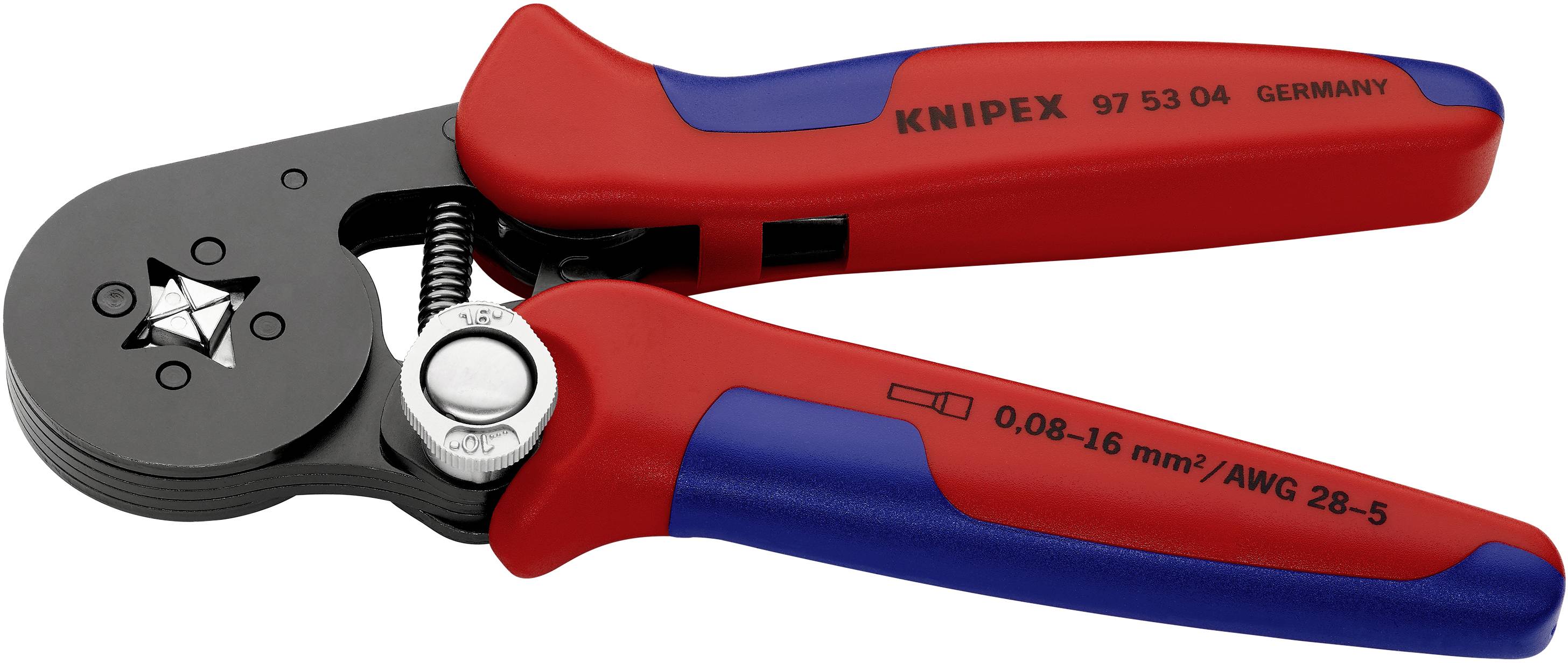 Zange zum Crimpen elektrischer Leitungen, schwarz-rotes Design, mit Aufschrift 'KNIPEX 97 53 04 GERMANY' und Größenangabe.