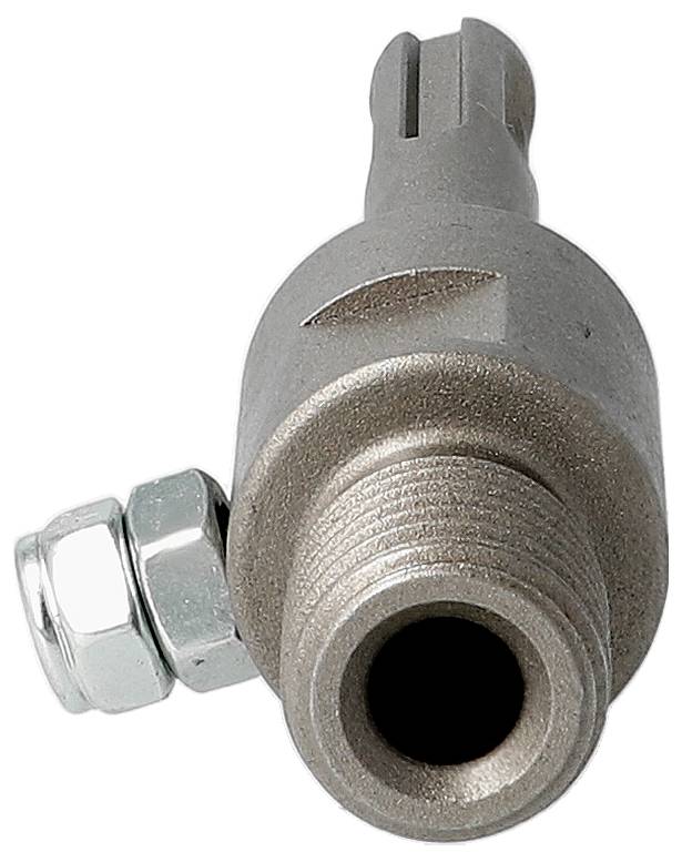 Nahaufnahme eines Metallgewindesensors oder einer Gewindearmatur mit seitlicher Sechskantmutter und schwarzem Kunststoffstecker auf weißem Hintergrund.