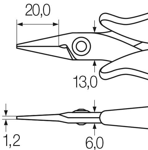Technische Zeichnung einer Zange mit folgenden Abmessungen: Länge 20,0 cm, Höhe 13,0 cm, Breite 1,2 cm und eine Grifföffnung von 6,0 cm.