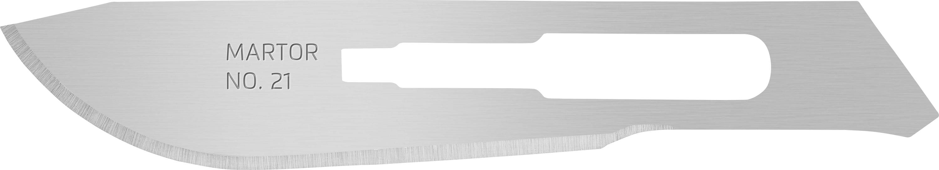 Ein silbernes Klingenmesser mit der Aufschrift 'Martor No. 21' auf der Oberfläche, erkennbar durch eine scharfe, gebogene Schneide.