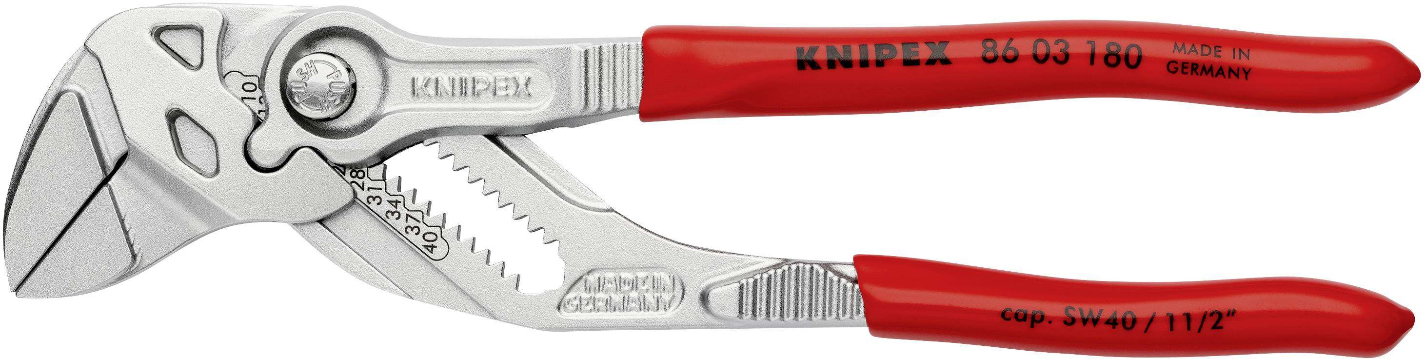 Eine rote KNIPEX Zangenschlüssel mit verstellbaren Backen und ergonomischen Griffen, geeignet für verschiedene Schraubaufgaben.
