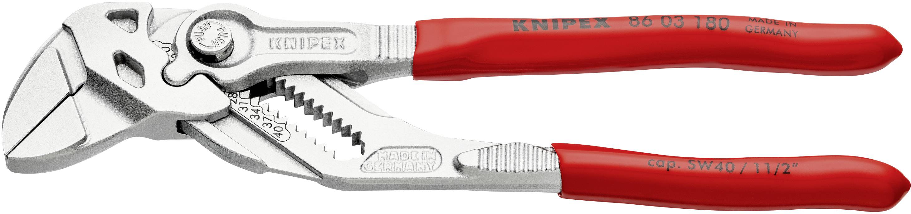 Eine rote, verstellbare Zange mit gezahnten Greifflächen, geeignet zum Greifen und Drehen von Objekten. Text auf Griff: 'Knipex 86 03 180'.