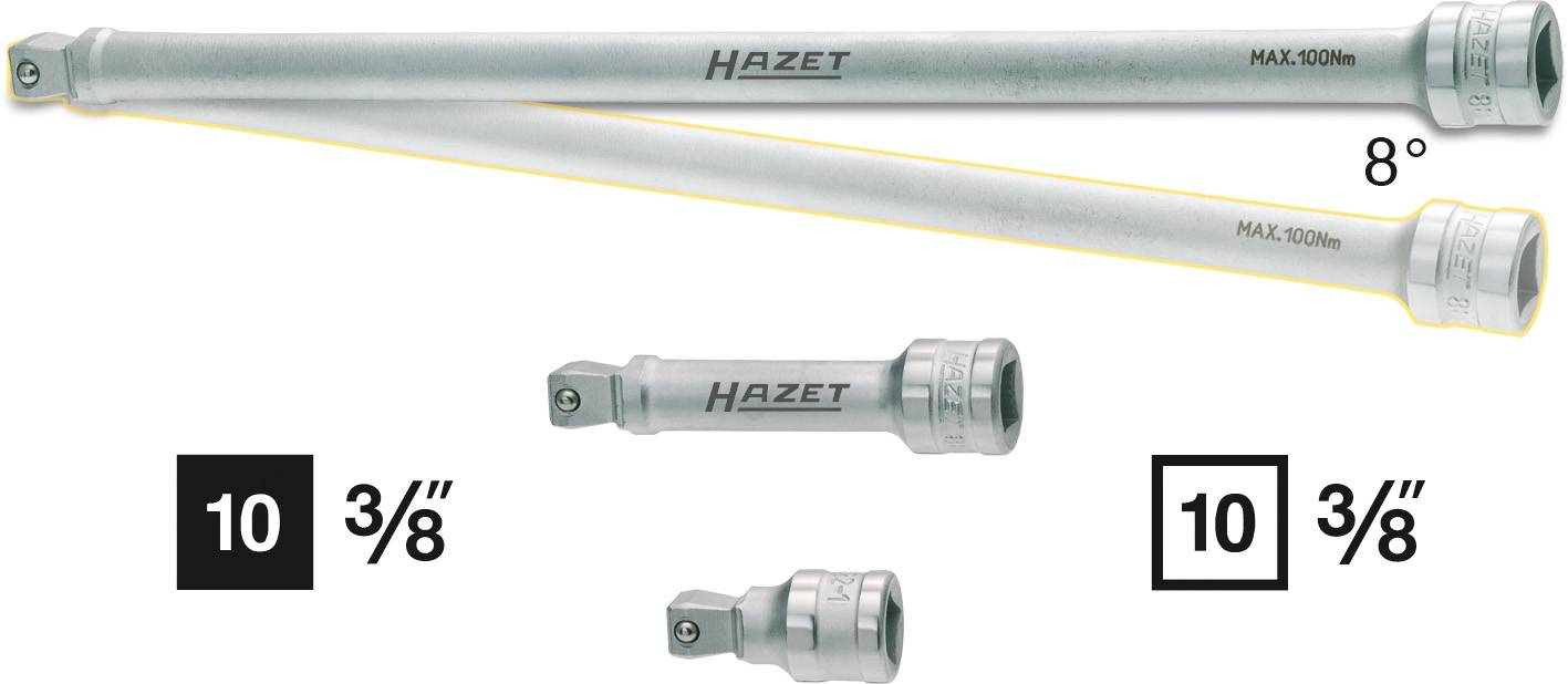 'Zwei silberne Hazet-Verlängerungen mit 100 mm Länge und 8° Winkelschaft. Unten zwei kleinere Verlängerungen, beide für 10 3/8