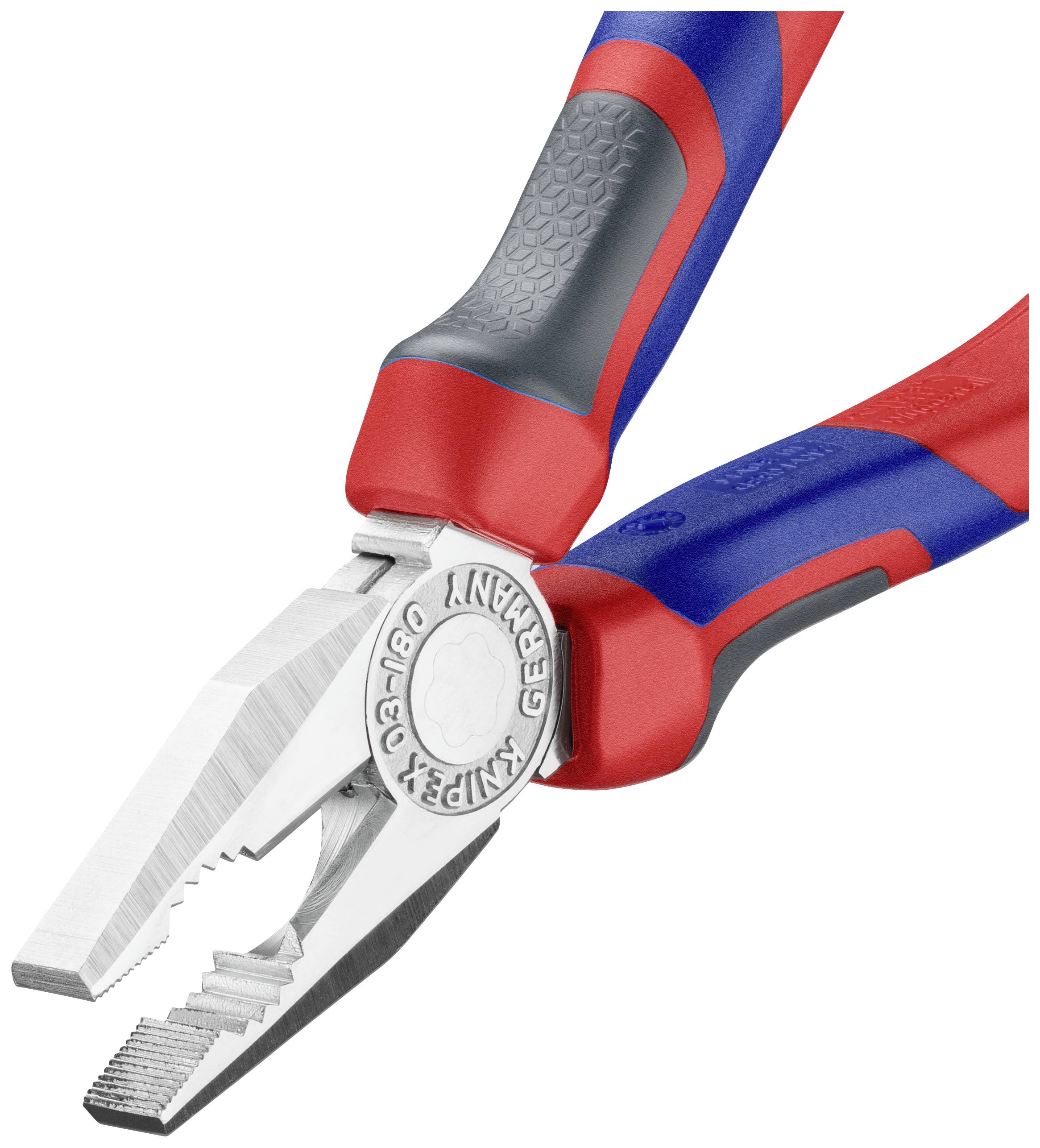 Zange mit roten und blauen Griffen aus Metall, ausgelegt für präzises Greifen und Schneiden von Drähten oder anderen Materialien.