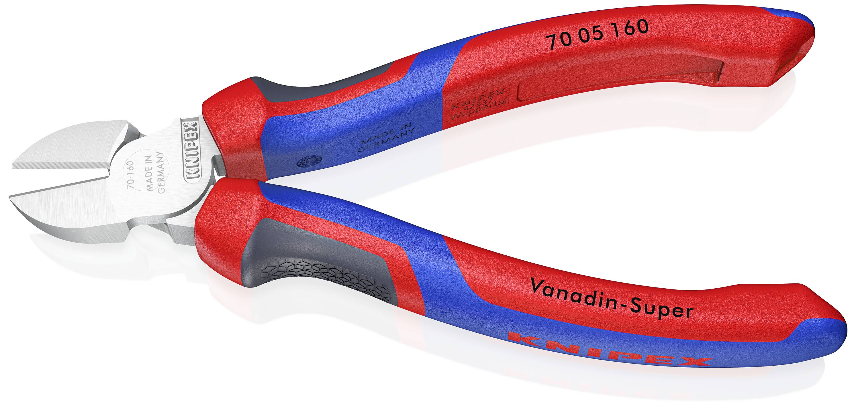 Abgebildet ist ein roter und blauer Seitenschneider mit der Aufschrift 'Knipex' und 'Vanadin-Super', geeignet für präzise Schneidarbeiten.