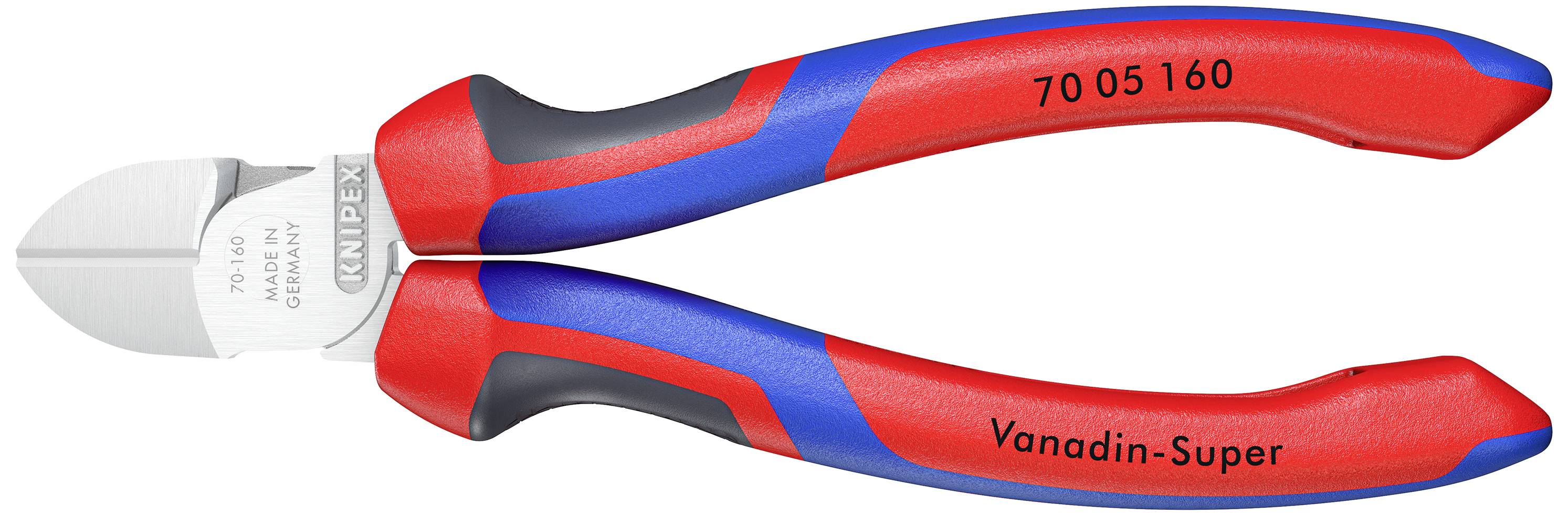 Rote und blaue Seitenschneider-Zange aus der Serie 'Knipex 70 05 160', aus Vanadin-Stahl, mit ergonomischen Griffen.