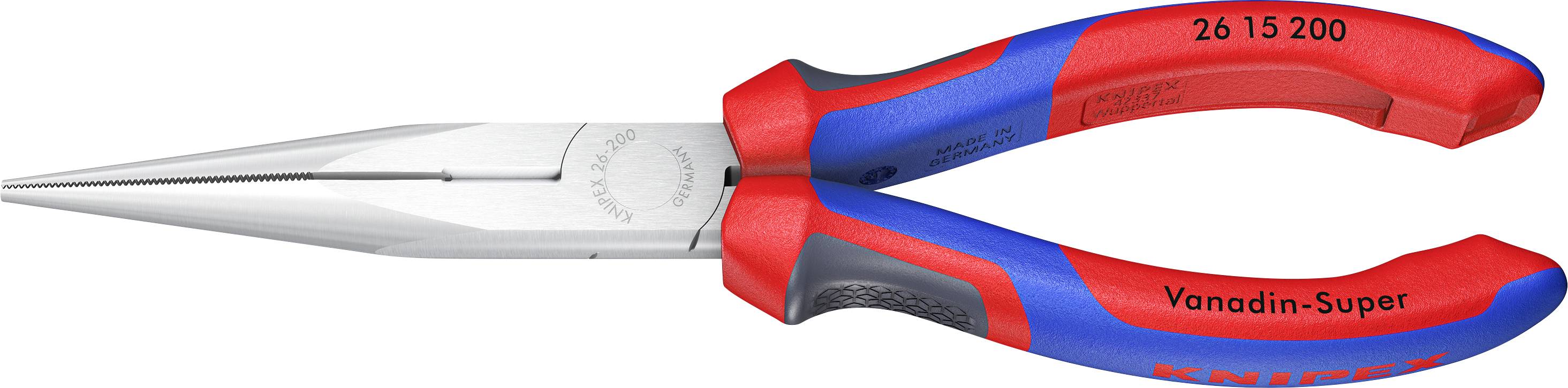 Rot und blau Langzahn-Zange mit der Bezeichnung 'Knipex Vanadin-Super 26 15 200' auf den Griffen.