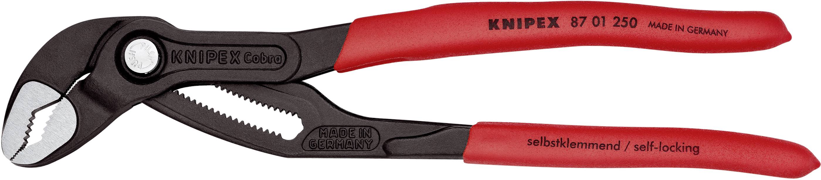 Wasserpumpenzange der Marke KNIPEX mit roten Griffen, selbstklemmend, Modell 87 01 250, gefertigt in Deutschland.