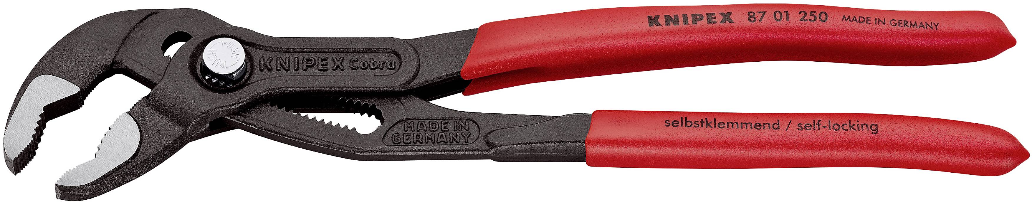 Eine Zange mit roten Griffen und verstellbarem Öffnungsmechanismus. Auf dem Griff steht 'Knipex' und 'Made in Germany'.