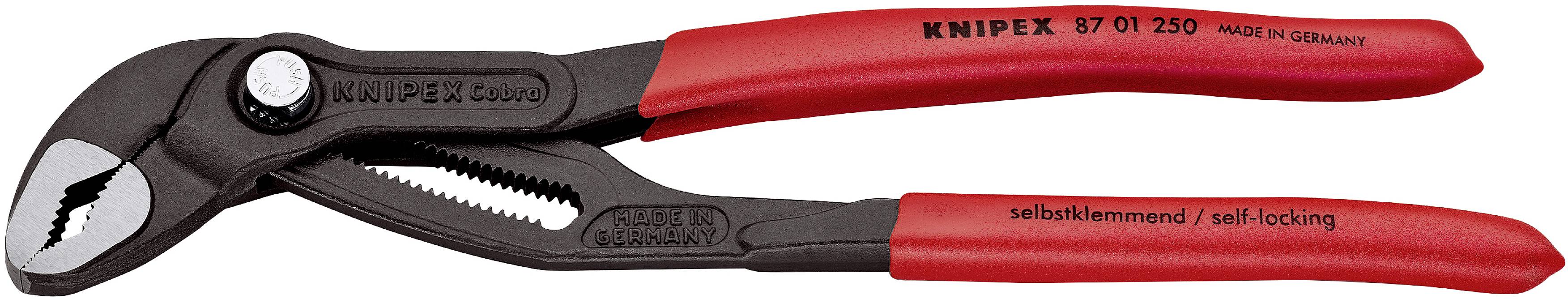Rote Wasserpumpenzange von Knipex, Modell 87 01 250, aus Deutschland, mit selbstklemmender Funktion für Rohre und Muttern.