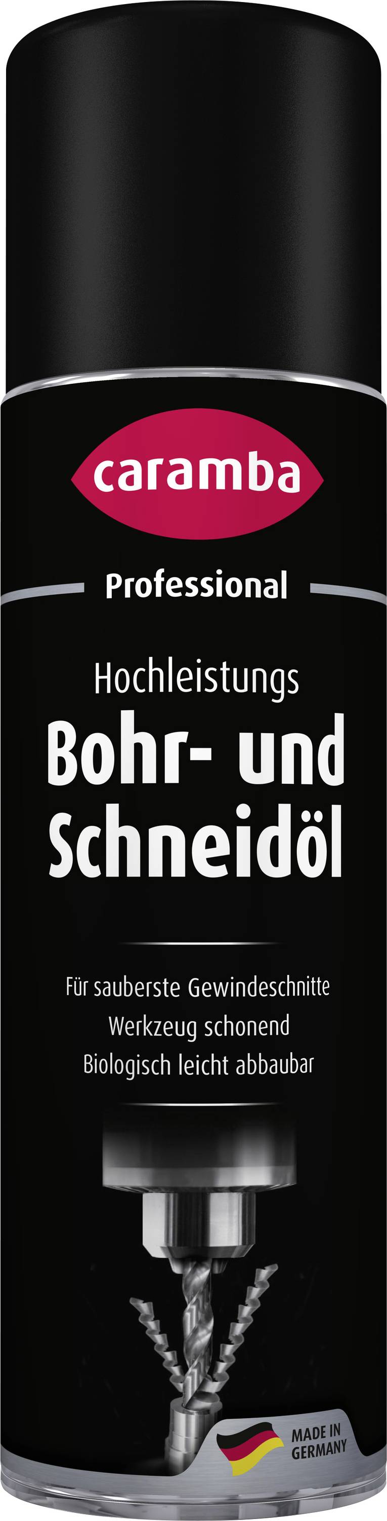Schwarze Spraydose von Caramba Professional 'Hochleistungs Bohr- und Schneidöl' zum Bohren und Schneiden, mit Grafik eines Metallbohrers und deutschem Etikett.