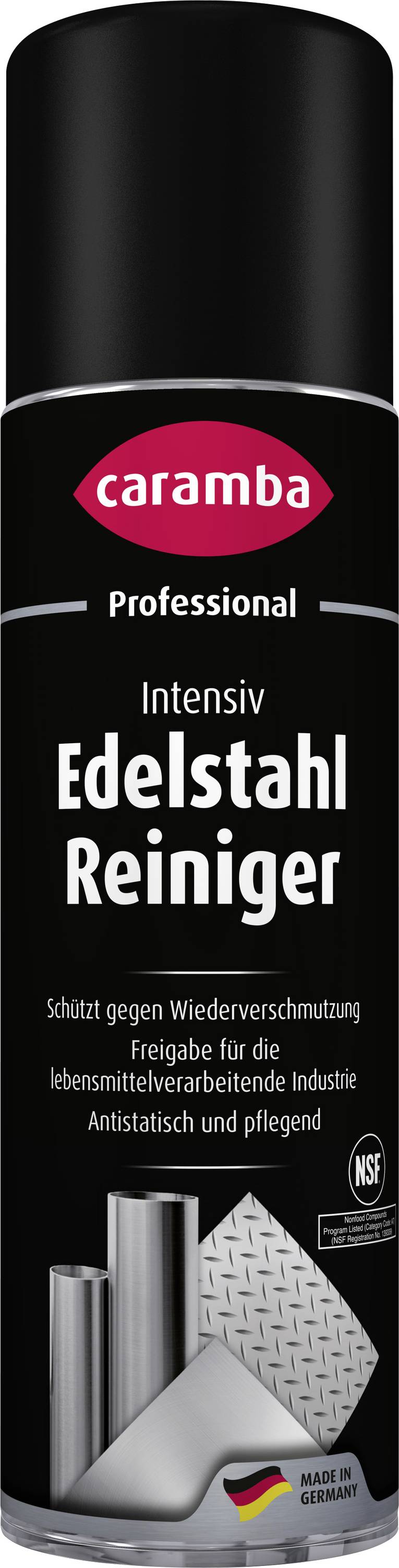Caramba Professioneller Intensiv Edelstahl-Reiniger-Spraydose mit Edelstahlrohren und deutscher Flagge „Made in Germany